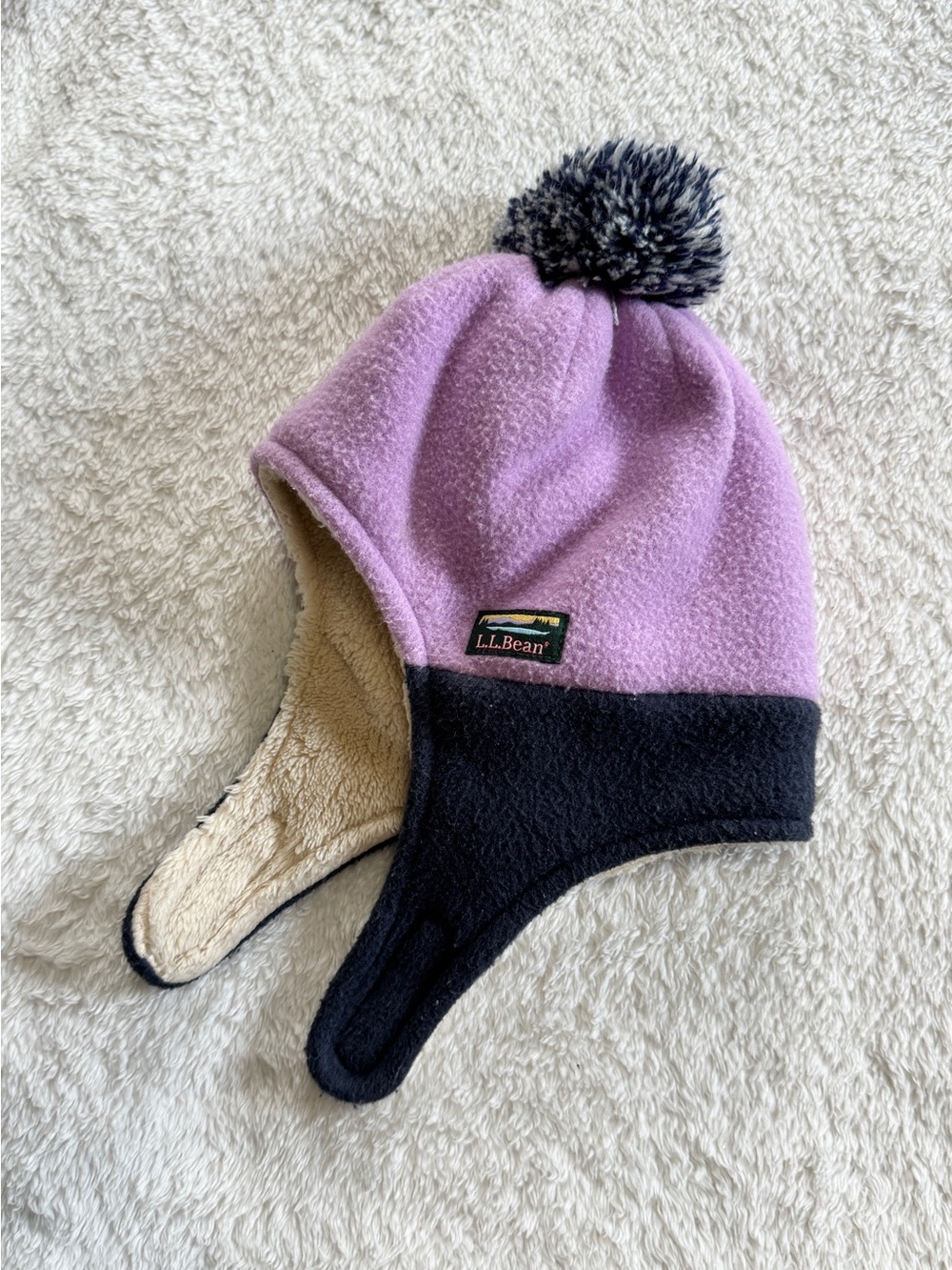 L.L. Bean Kids Lavender and Black Fleece Earflap Hat with Pom-Pom